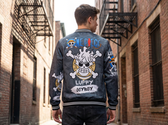 ๐ฅ One Piece Luffy โJoyโ Grey Bomber Jacket โ Anime Streetwear Edition
