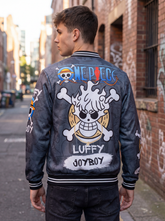 π₯ One Piece Luffy βJoyβ Grey Bomber Jacket β Anime Streetwear Edition