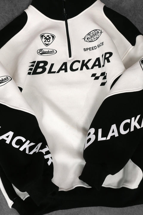 Black Air Printed Half Zipper White Sweatshirt