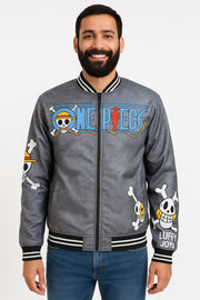 🔥 One Piece Luffy “Joy” Grey Bomber Jacket – Anime Streetwear Edition