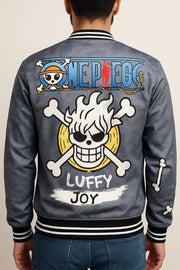 🔥 One Piece Luffy “Joy” Grey Bomber Jacket – Anime Streetwear Edition