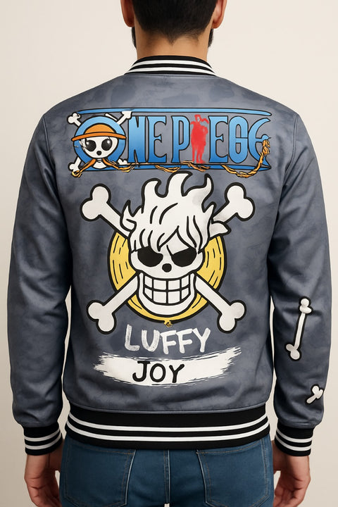 🔥 One Piece Luffy “Joy” Grey Bomber Jacket – Anime Streetwear Edition