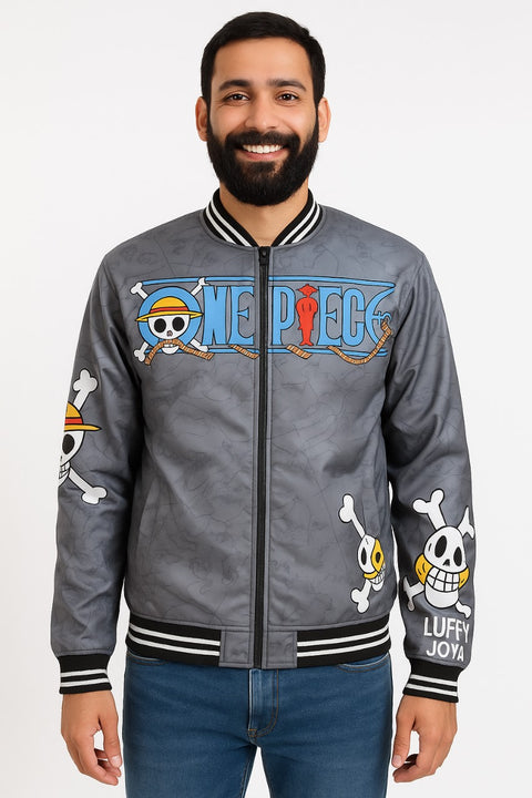 🔥 One Piece Luffy “Joy” Grey Bomber Jacket – Anime Streetwear Edition
